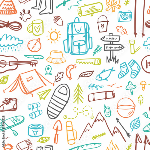 Vector pattern from a collection of camping and hiking items in the doodle style.
