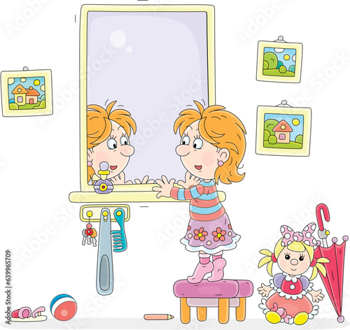 Funny little girl looking closely at herself in the mirror and scrutinizing her reflection, vector cartoon illustration isolated on white