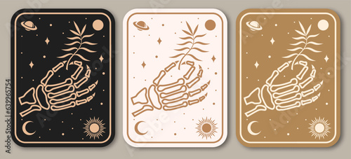 Esoteric symbols poster, banner. Vector. Outline icon for alchemy or sacred geometry. Mystic and magic design with human skeleton bone hand, stars, planets and magic card.