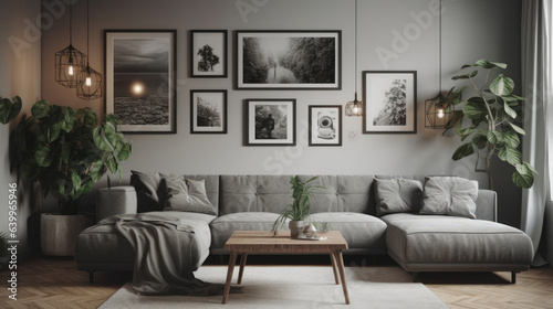 Stylish grey sofa, houseplants and picture hanging on light wall in living room. © Matthew