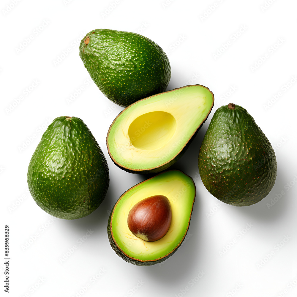 Illustration, AI generation. avocados isolated on a white background, top view. Illustration, AI generation. avocados isolated on a white background, top view.