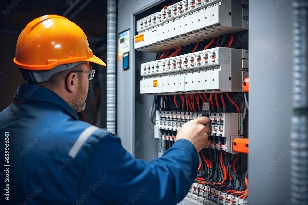 Electrician engineer in hard hat tests electrical installations