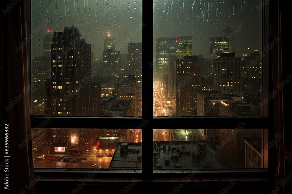 Fototapeta premium view of city buildings while raining at night from a glass window