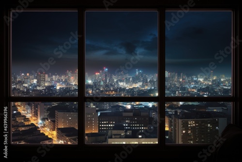 view of city buildings at night from a glass window