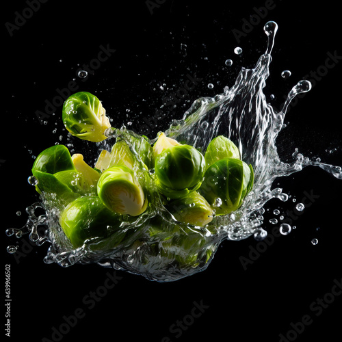 Brussel Sprouts falling with Water splash. fresh and tasty. Isolated on black background.