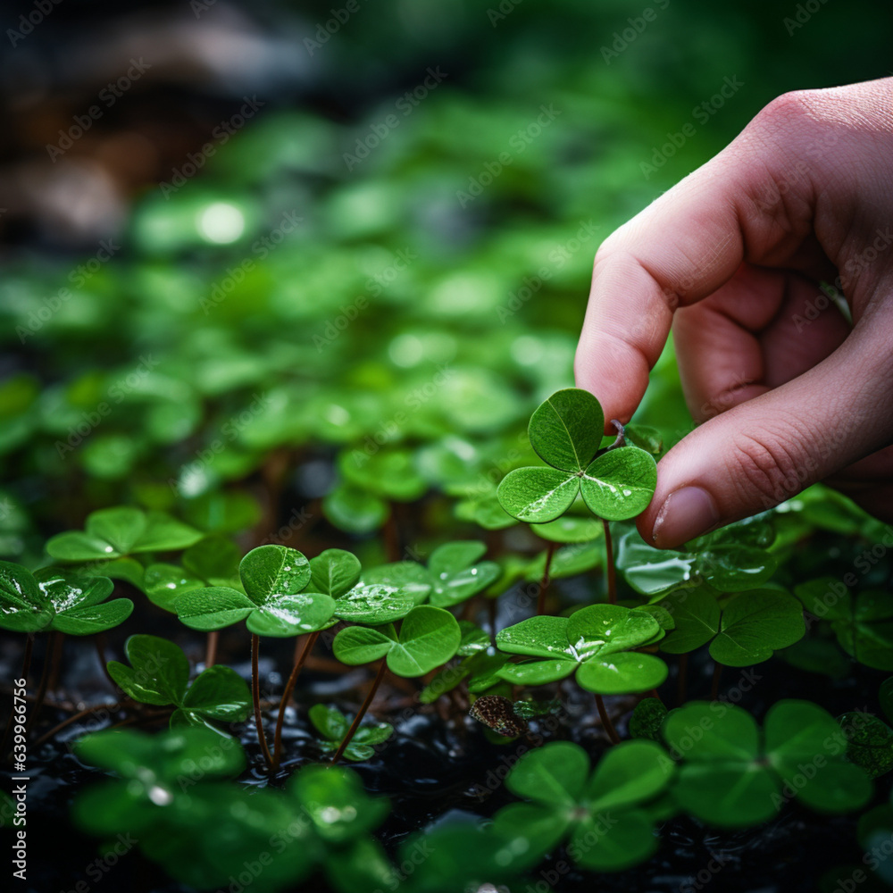 Hand picking up a lucky clover. Hand picking up a lucky clover.