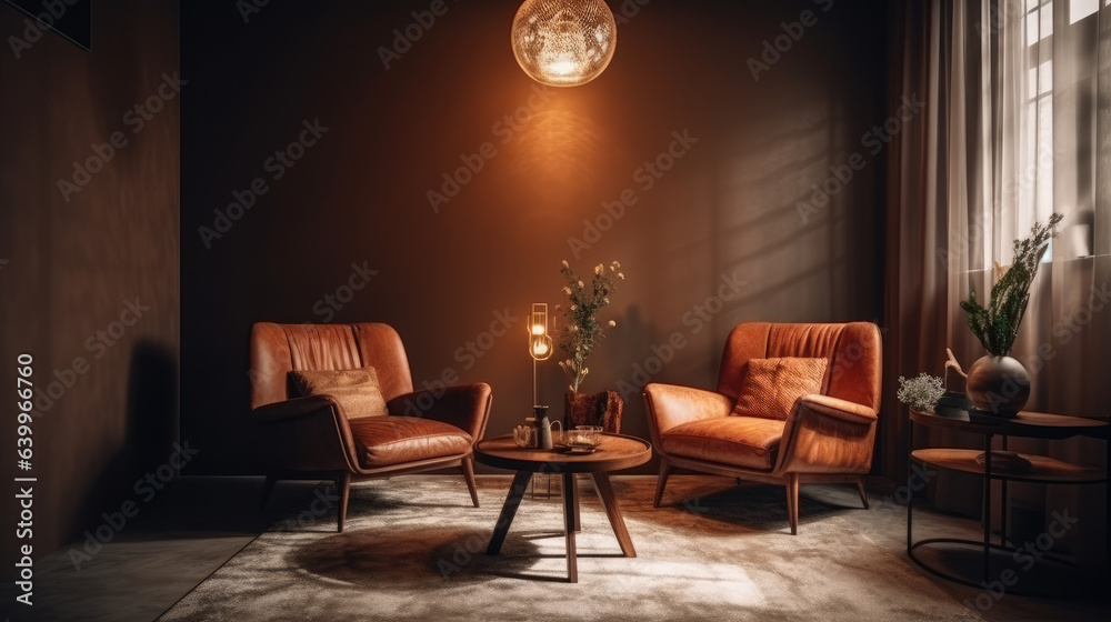 Stylish home chill room interior with armchairs and decoration, mockup wall.