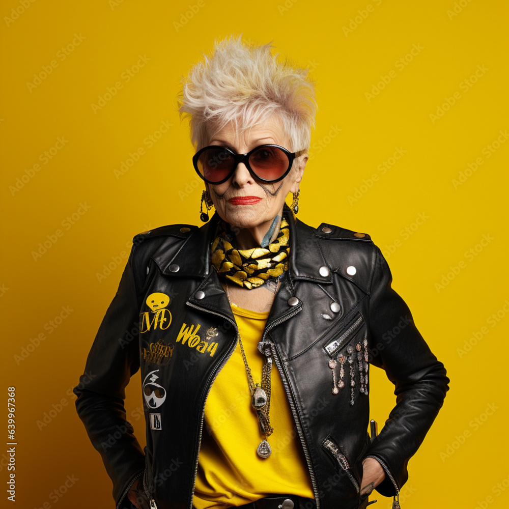 Punk senior woman on a yellow background.