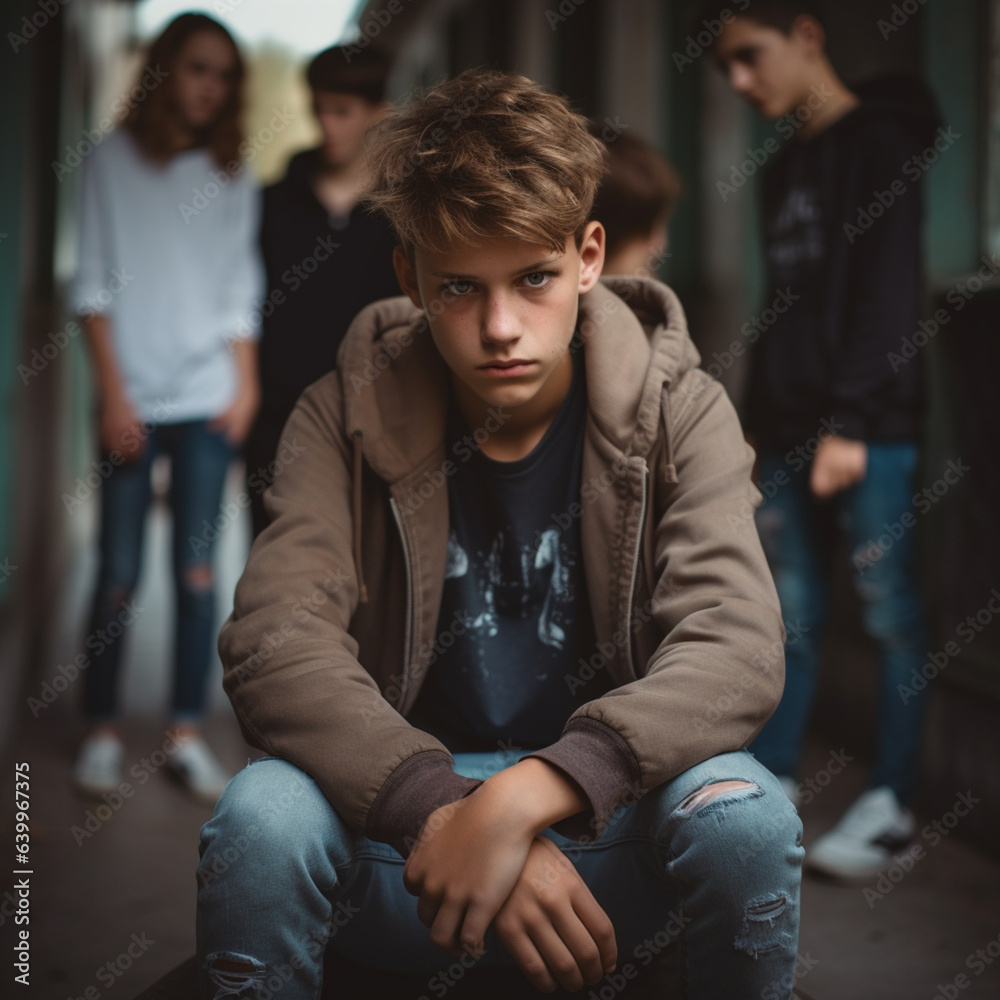 Obraz premium Sad child at school. Bullying concept.