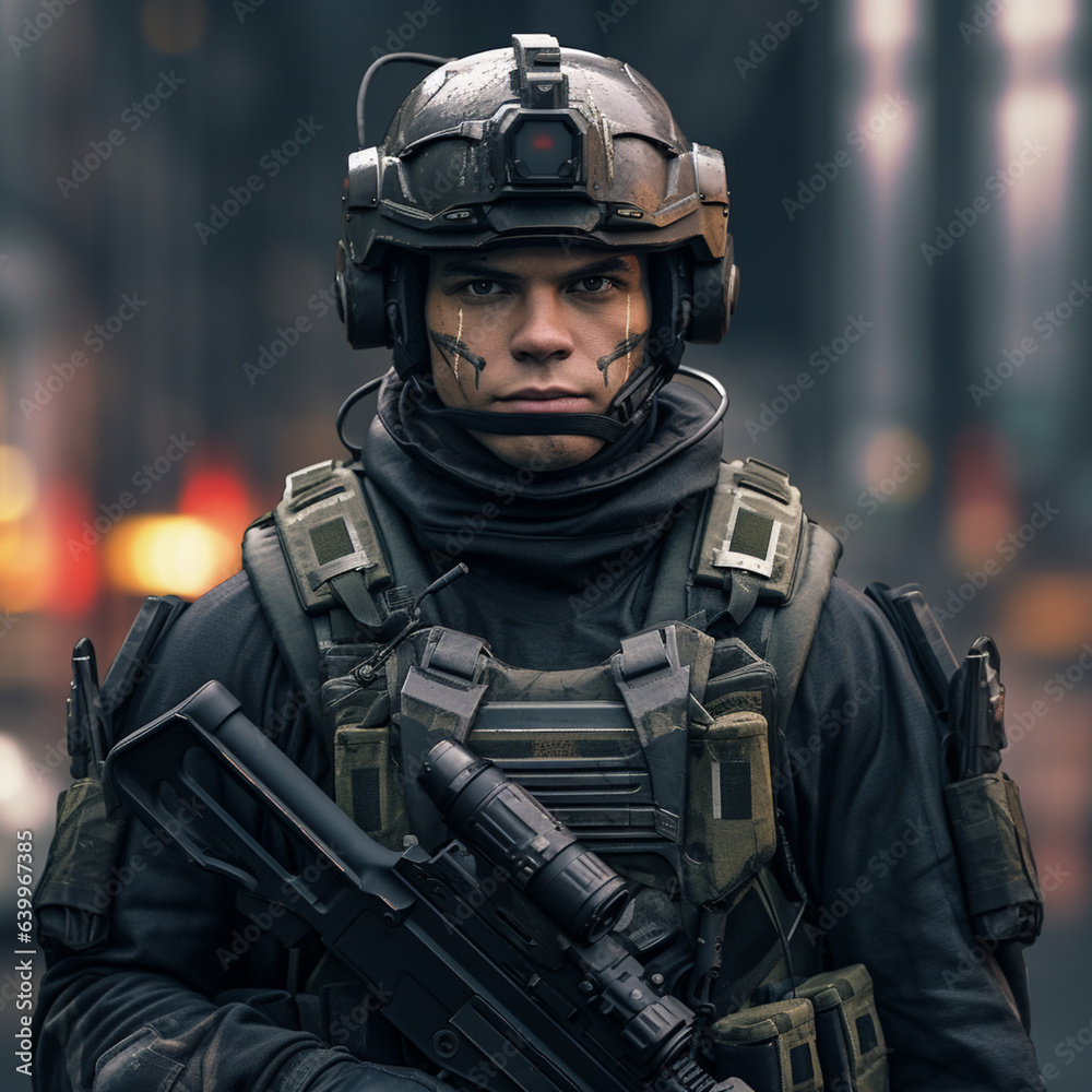 Soldier in a modern military suit. Soldier in a modern military suit.