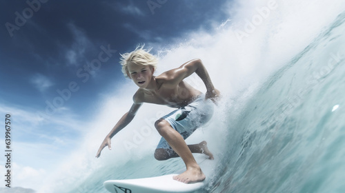 Australian blonde boy surfing on the sea