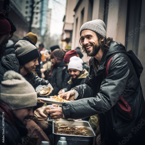Volunteers from an NGO giving food to the homeless. Food Bank.