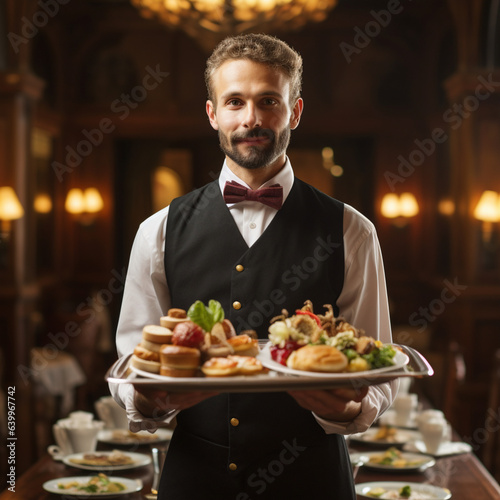 Elegant waiter carrying a tray with food.