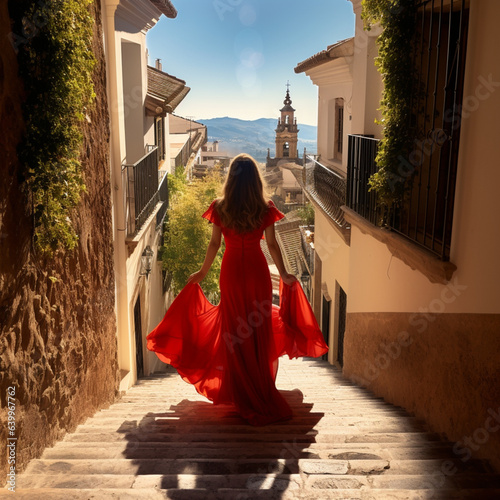 Print op canvas Traveler woman wearing a red Spanish dress on vacation in Granada, Spain