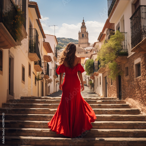 Traveler woman wearing a red Spanish dress on vacation in Granada, Spain.