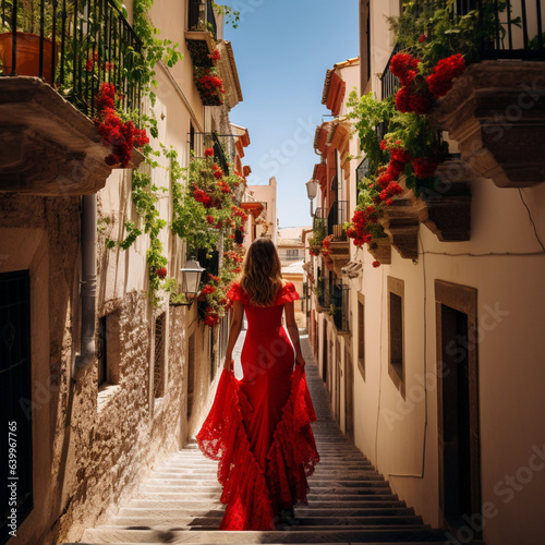 Traveler woman wearing a red Spanish dress on vacation in Granada, Spain. © DALU11