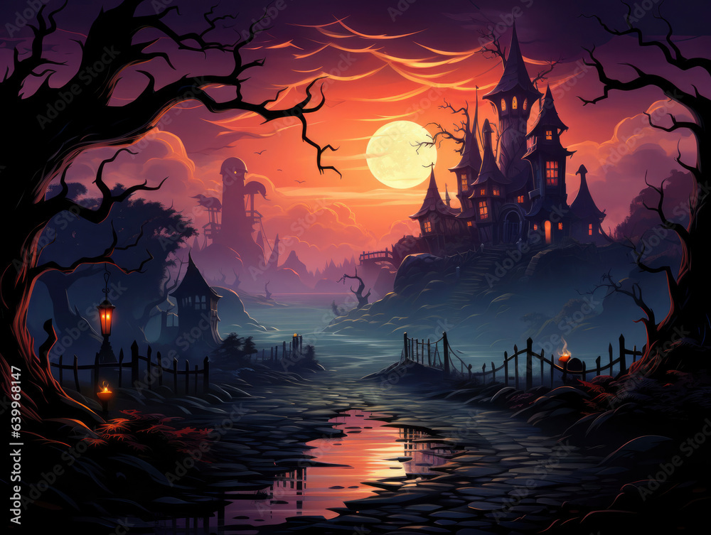 Halloween castle with pumpkins in front of the moon