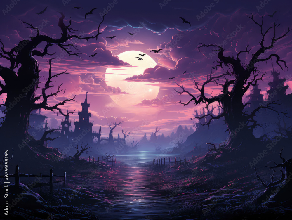 Halloween spooky landscape in a dark night