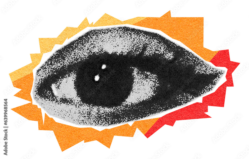 © SoykA_art - Halftone collage of an eye on a bright background, cut out of a magazine. Vector retro pop art element PNG, grunge, open eye. © SoykA_art - Halftone collage of an eye on a bright background, cut out of a magazine. Vector retro pop art element PNG, grunge, open eye.