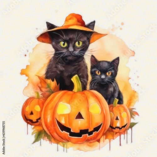 Halloween pumpkins with black cats on white background, illustration. Ai generative. © Rosaria