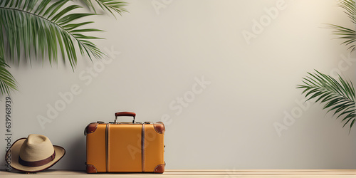 Suitcase adventure travel holiday or vacation concept and empty space for design