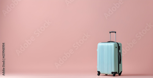 Suitcase adventure travel holiday or vacation concept pink landscape background empty space for design