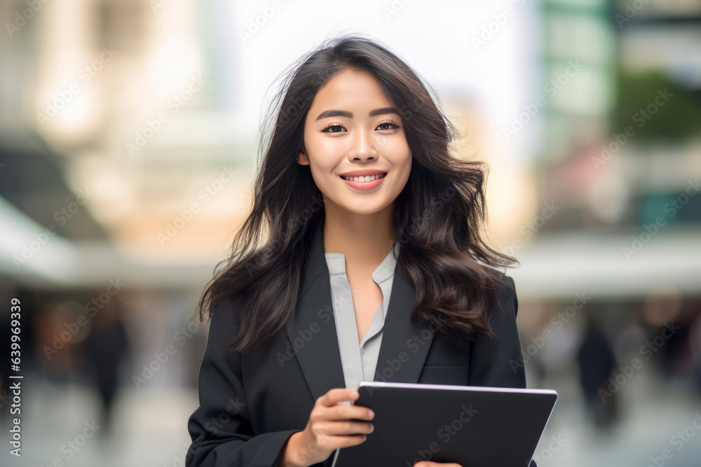Asian young business woman smiling leader entrepreneur and holding digital tablet generative ai Asian young business woman smiling leader entrepreneur and holding digital tablet generative ai