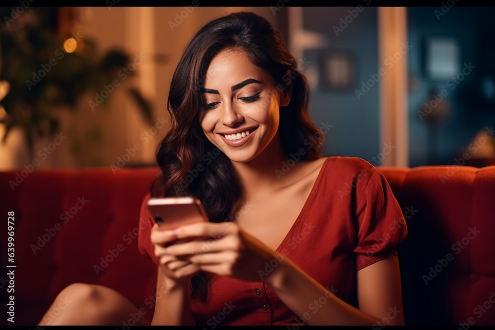 joyful young latin woman using mobile phone app playing game, shopping online,