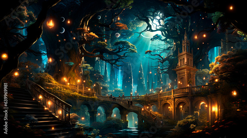 magic castle with a forest, night scene, magic forest and magic trees, fantasy background