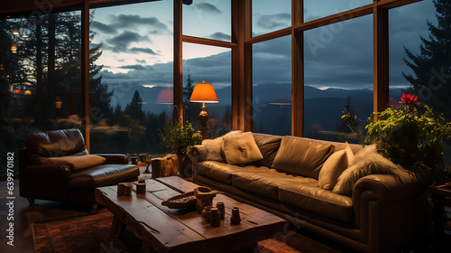 Beautiful luxury warm living room with brown leather couches sofa, sofa table, and plants. Amazing enviable view to mountains landscape through the window during sunset. Empty hotel with nobody. zoom