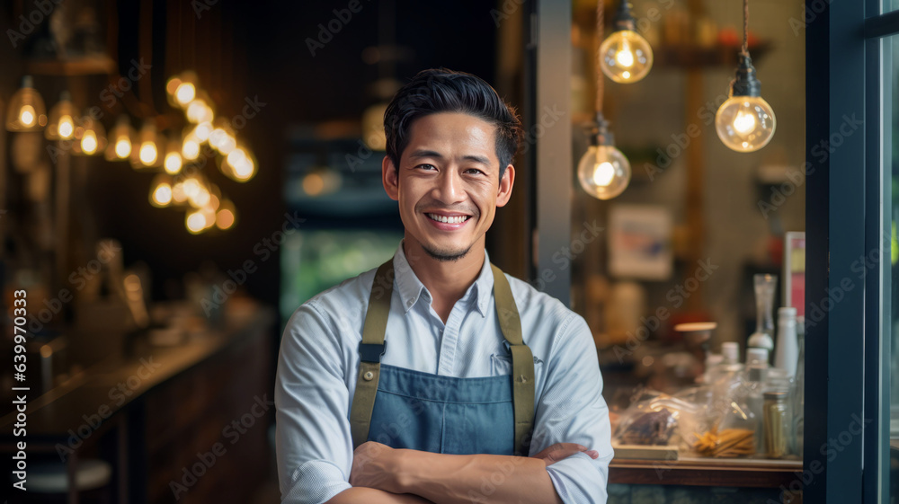 photograph of Portrait of happy asian young man standing at doorway of him store.generative ai photograph of Portrait of happy asian young man standing at doorway of him store.generative ai