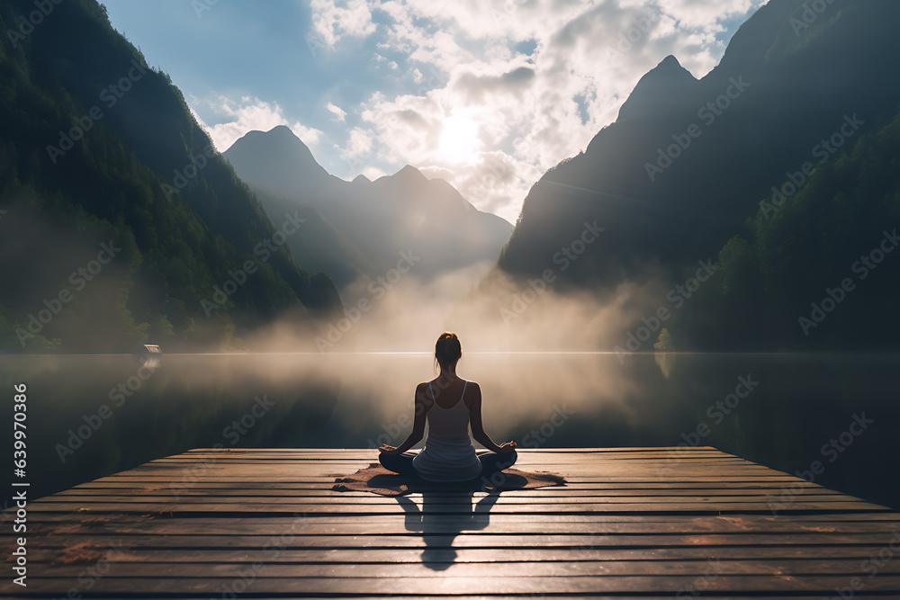 Silhouette of woman meditating and yoga in the nature in front of the lake and mountains with sunlights illuminating - obrazy, fototapety, plakaty 