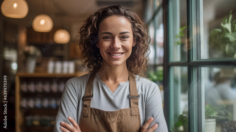 photograph of Portrait of happy young woman standing at doorway of her store.Generative AI photograph of Portrait of happy young woman standing at doorway of her store.Generative AI