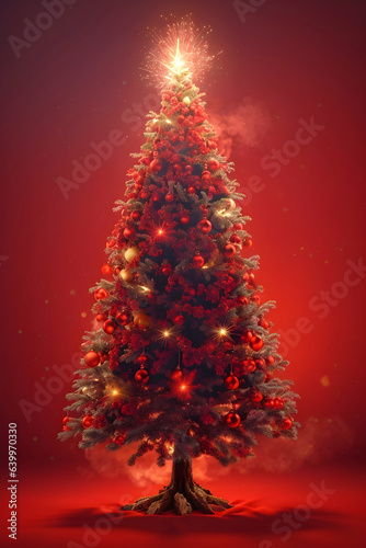 Red Christmas tree with lights and ornaments on red background. © Alan