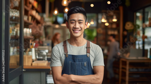 photograph of Portrait of happy asian young man standing at doorway of him store.