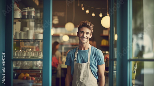 photograph of Portrait of happy young man standing at doorway of him store.