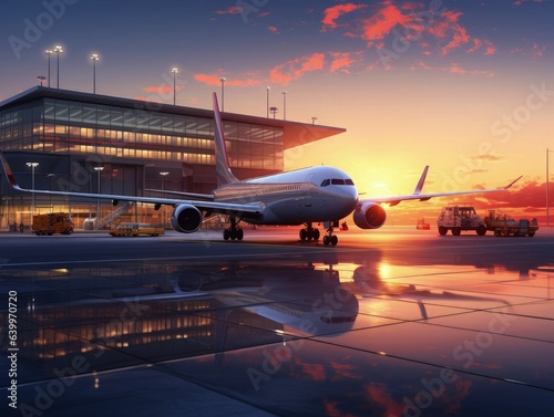 airplane landing at sunrise