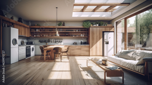 Stylish spacious kitchen and living room with refrigerator and washing machine overlooking cozy dining area with wooden ceiling next to open balcony on sunny day. Concept of modern design solutions.