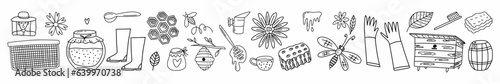 Vector collection of beekeeping and honey items hand-drawn in doodle style