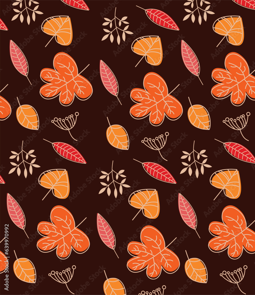 Seamless Pattern Made of Hand Drawn Autumn Yellow Orange and Red Leaves on Brown Background
