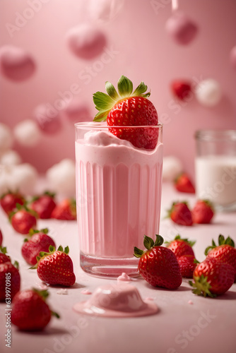 Strawberry yogurt milk in a glass with strawberries on a pink background.