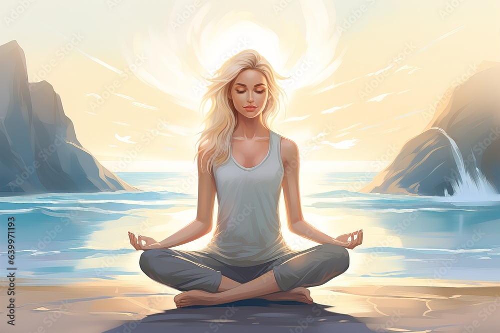 Illustration blonde girl sitting in meditation on beach.