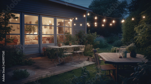 Summer evening on the patio of beautiful suburban house with lights in the garden garden. © Matthew