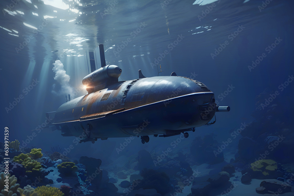 Submarine underwater in the deep blue sea. Submarine underwater in the deep blue sea.