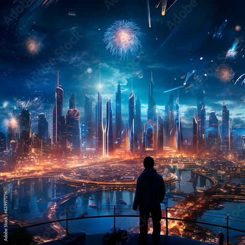 Celebrating the New Year in the city of the future. 2024 year . High quality illustration
