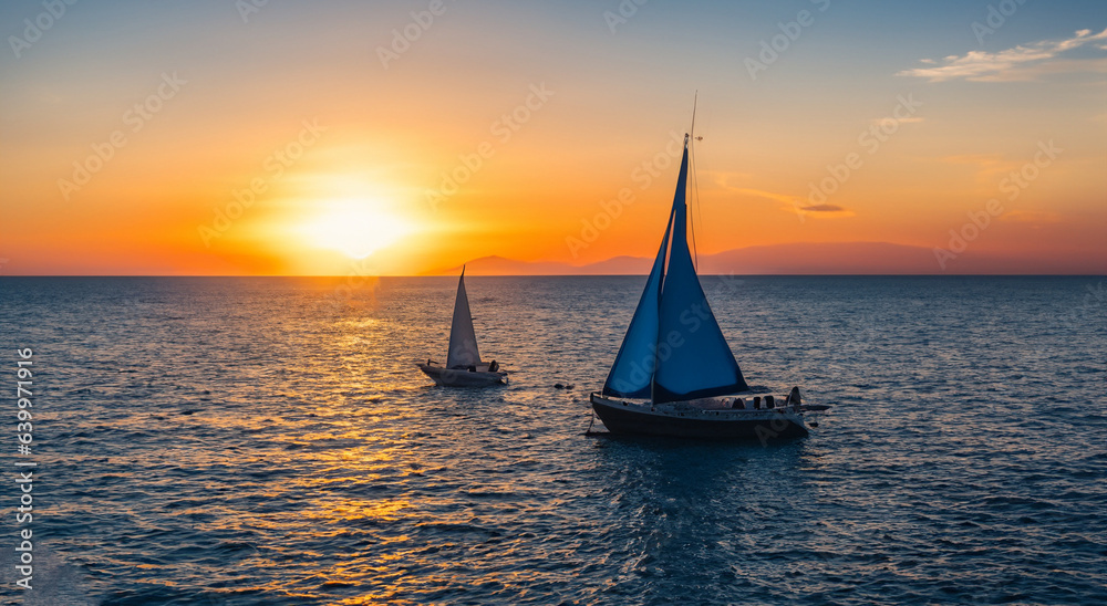 small sailboats floating on the sea in a beautiful sunset