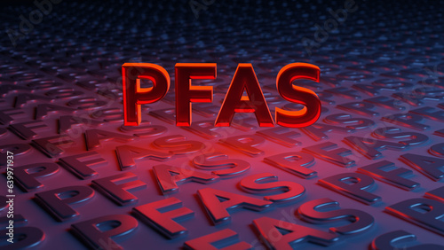 Red PFAS letters in ablue dark background 3D render illustration.