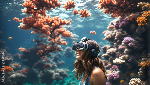 Woman wearing virtual reality goggles against coral reefs underwater. © Alan