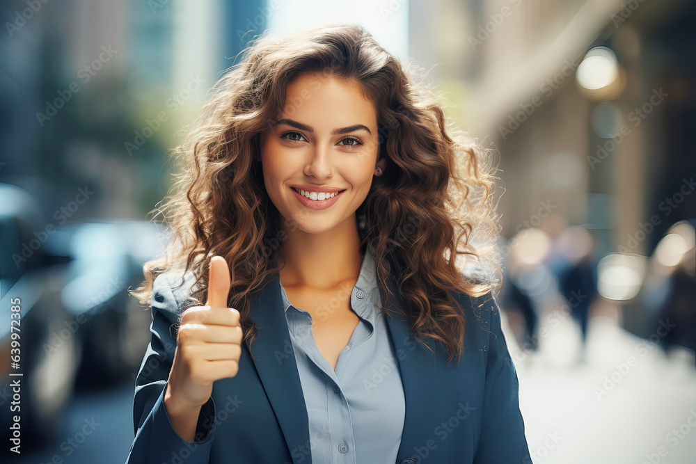 Happy successful businesswoman showing thumbs up in business district among skyscrapers. Happy successful businesswoman showing thumbs up in business district among skyscrapers.