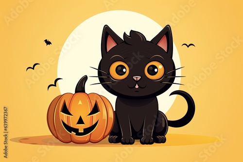 Halloween black cat with a pumpkin on yellow background